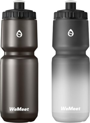 WEMEET 32oz Bike Sport Water Bottle, BPA Free, 2-Pack Leak Proof Cycling Squeeze Water Bottle with Capacity Scale, for Mountain Biking, Camping, Gym (Black & Black White)
