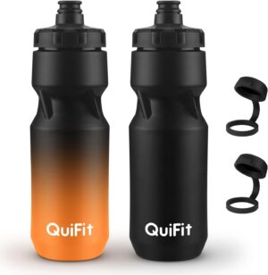 QuiFit Cycling Water Bottle 24oz, 2 Pack Sports Water Bottle BPA Free, Leakproof, Lightweight, With Dust Cap, Fits for Most Bike Drink Holder, for Biking, Running, Travel(Black+Black Orange, 24oz)