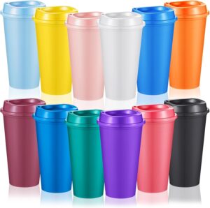 FillTouch 12 Pcs Reusable Coffee Cups with Lids 16 oz Travel Hot Cups Microwavable Plastic Tumblers Coffee Mugs Party Birthdays Gifts Adult for Hot and Cold Drinks Favors (Bright Colors)