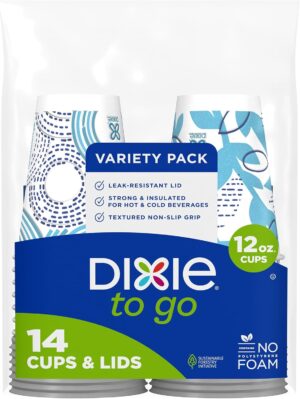 Dixie To Go Paper Coffee Cups With Lids, 12 oz, 14 ct, Disposable Insulated Paper Cups for On-The-Go Hot or Cold Beverages | Medium, With Lids, Disposable Cups, For On-The-Go, Hot Beverages